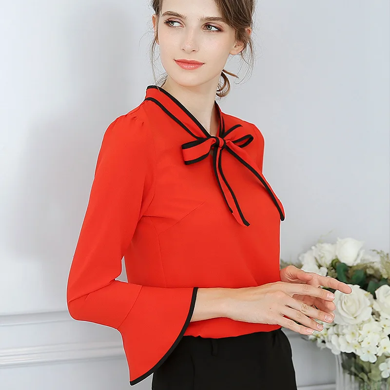 Spring Summer Chiffon Shirt Office Ladies New Korean Solid Color Blouses Women Fashion Bowknot Casual Elegant Top Clothes H9120