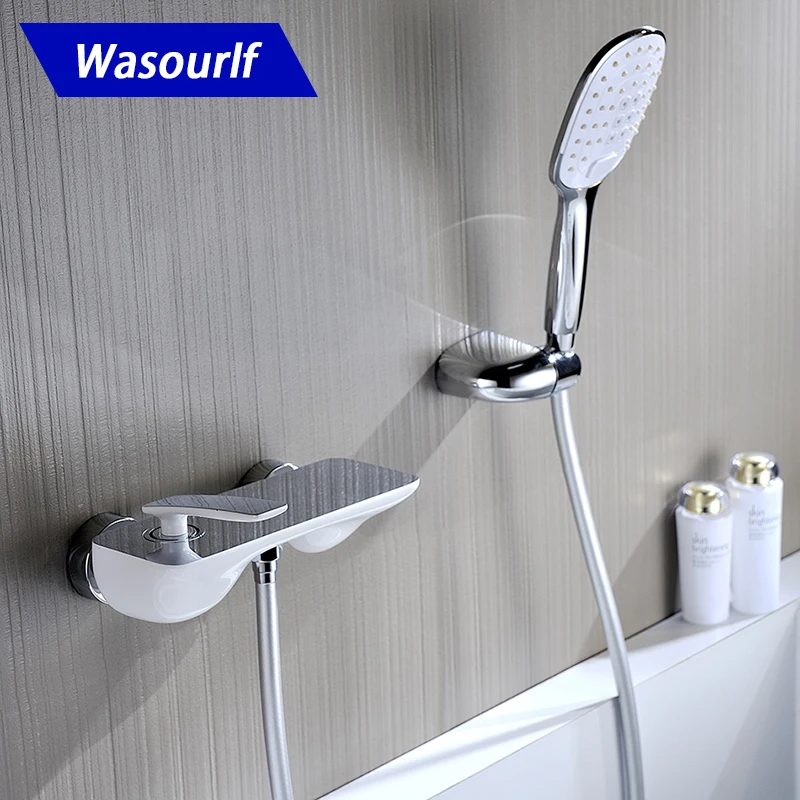 

WASOURLF Wall Mounted Bath Shower Mixer White Bathroom Faucet Chrome Tap for Bathtub Fashion Design Watermart Hotel