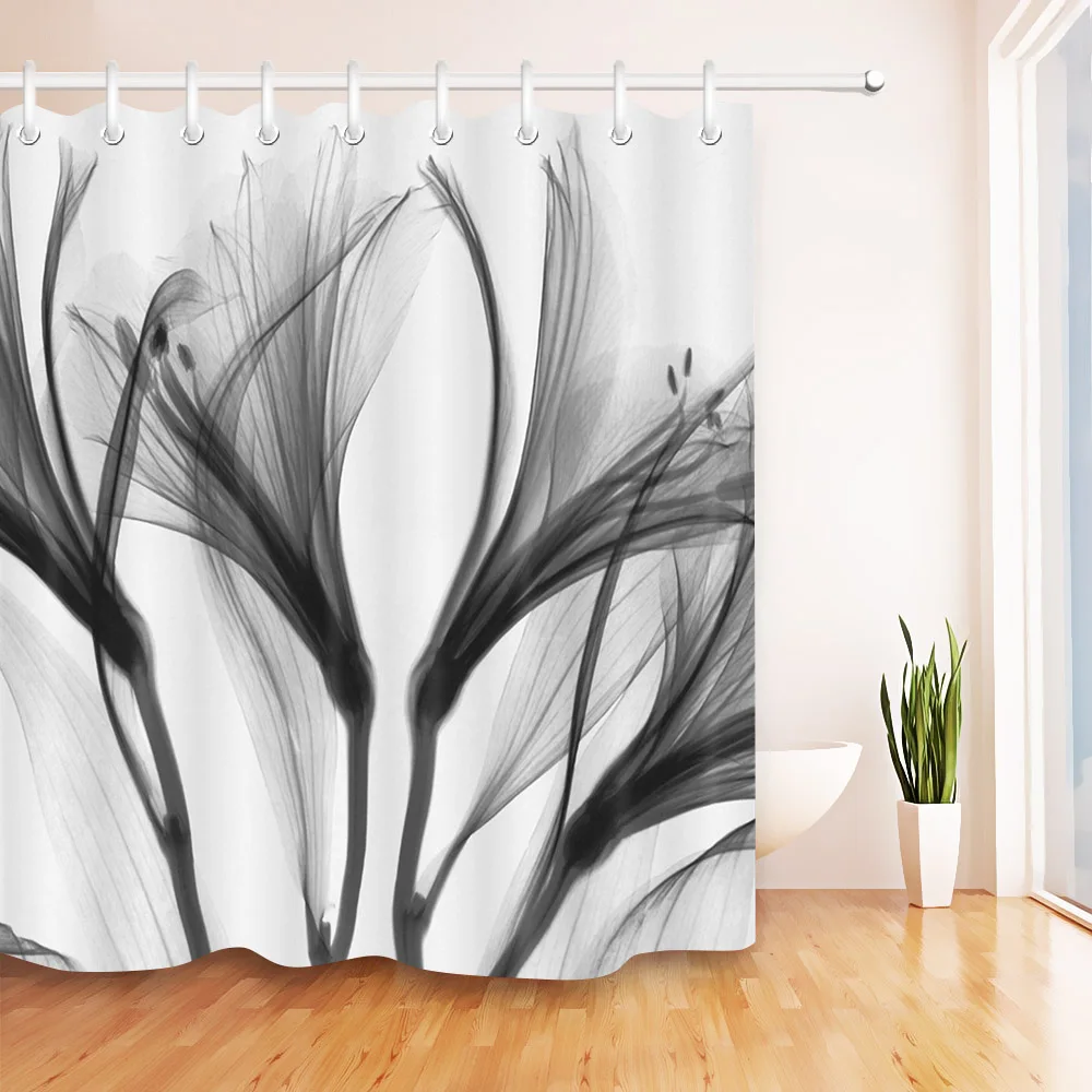 Abstract Black X-ray Blossom Transparent Flower Nature White Shower Curtain Art Waterproof Bathroom Fabric for Bathtub Decor