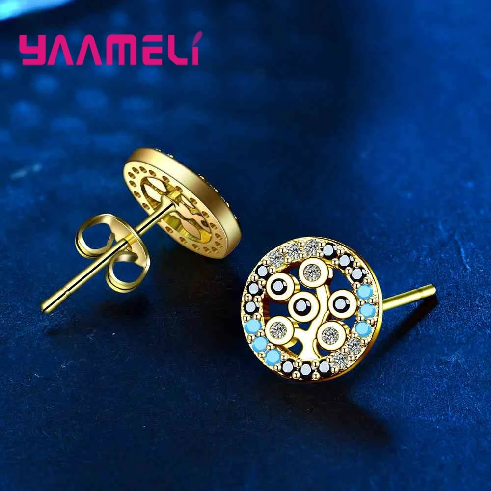 New Korea Style Round Stud Earrings For Women 925 Sterling Silver Color Shiny Crystals Full Paved Round Stud Earrings