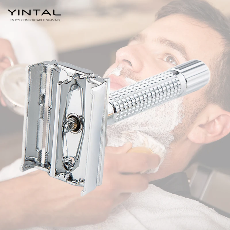 YINTAL Double Edge Safety Razor Brass Surface Plating Men\'s Manual Portable Shaver Grid Anti-skid Handle With 5 Blades