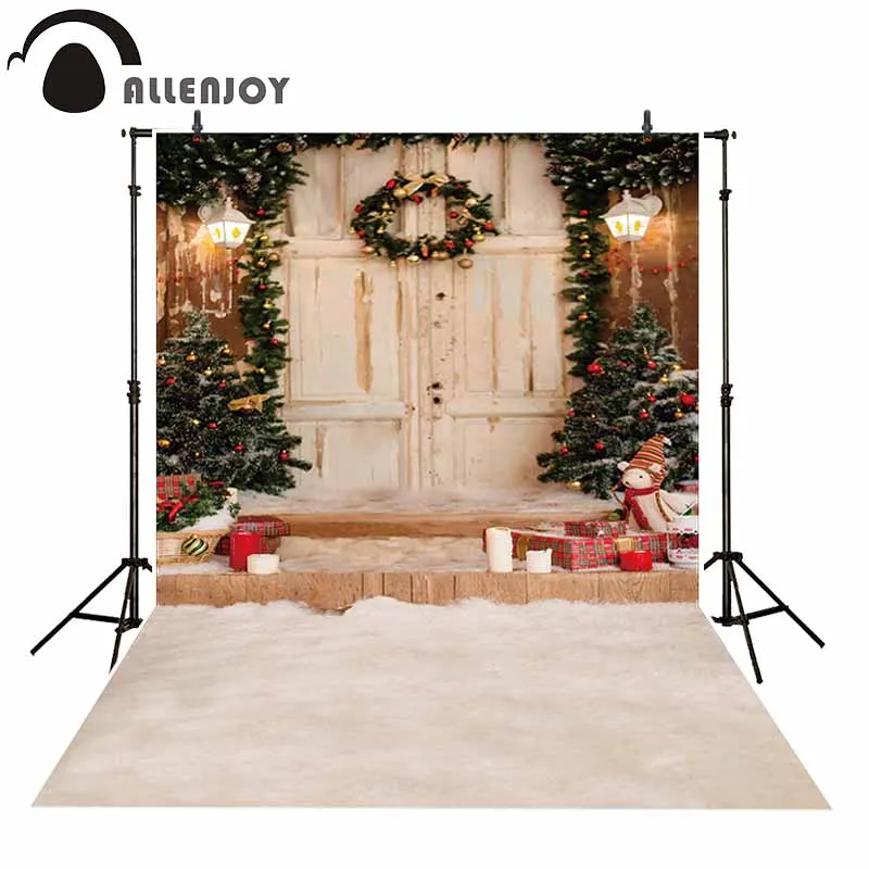 Allenjoy photography background Christmas porch wreath wood door studio backdrop for photographer photocall fabric photobooth