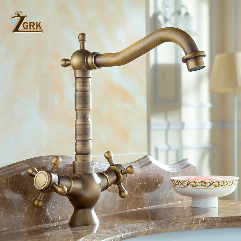 ZGRK Dual Handles Basin Faucet Brass Bronze Finished Mixer Taps 360 Rotation Antique Bath Sink Faucet Deck Mounted Water Taps