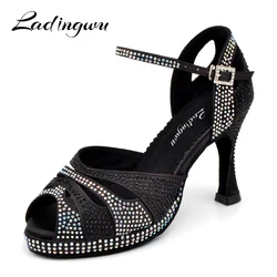 Zapatos de baile latino para mujer, sandalias de satén con plataforma alta, diamantes de imitación brillantes, tacones altos de 9cm, color negro