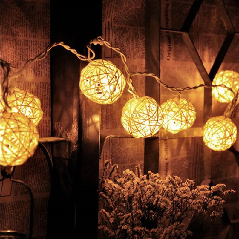 LED Battery String Lights 2M 20pcs White Handmade Rattan Balls String Lights Fairy Party Wedding Patio Christmas Decor