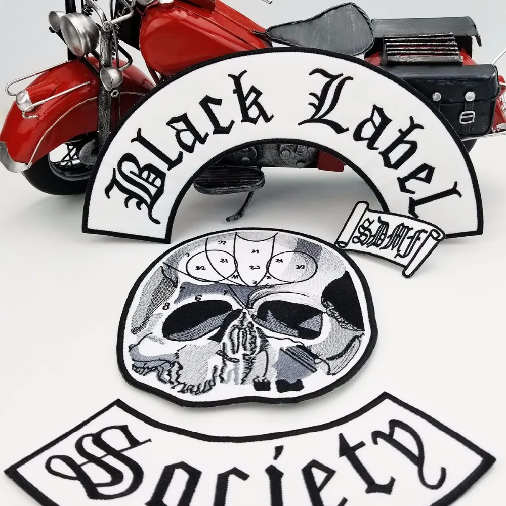 Black Label Society Patch Biker Back for Mens Vest Clothing Skull Head Rocker Patches Rock and Punk Patch Embroidery 4pcs as Set