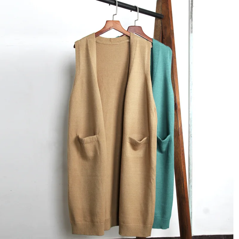 Colete de malha longa sem mangas feminino, casaco de lã sólida, suéter feminino com decote em v, colete de inverno, moda coreana, primavera, 2022