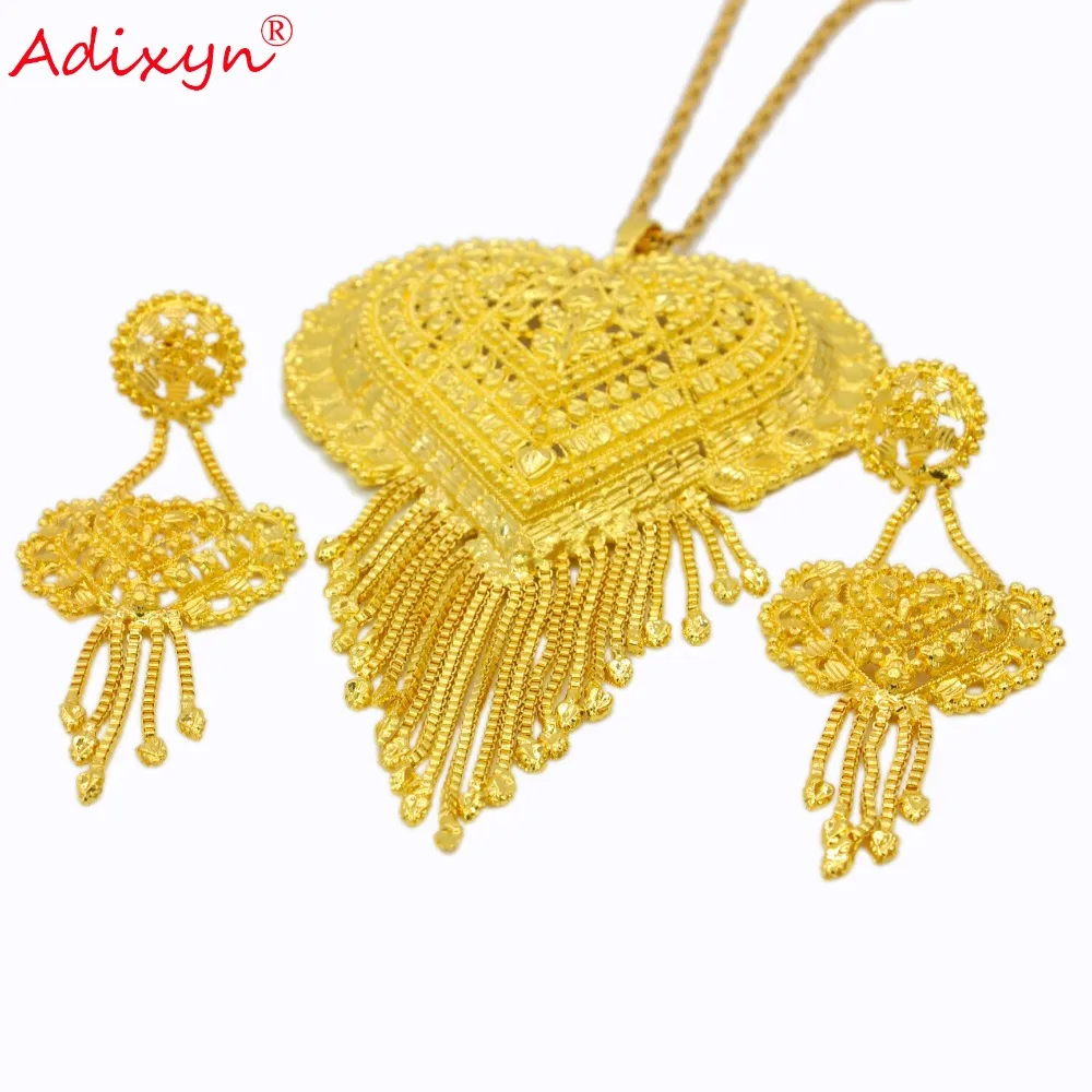 Adixyn Gold Color Heart Necklace/Pendant/Earrings India Jewelry Set  Luxury Arab African Wedding Party Gifts Free Box N12173