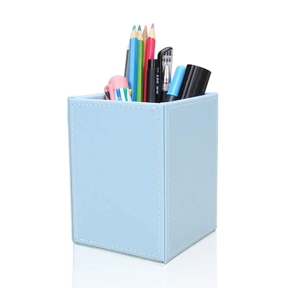 XRHYY Multi Colors PU Leather Square Pens Pencils Holder Cup Desktop Stationery Organizer Case Office Accessories Container Box