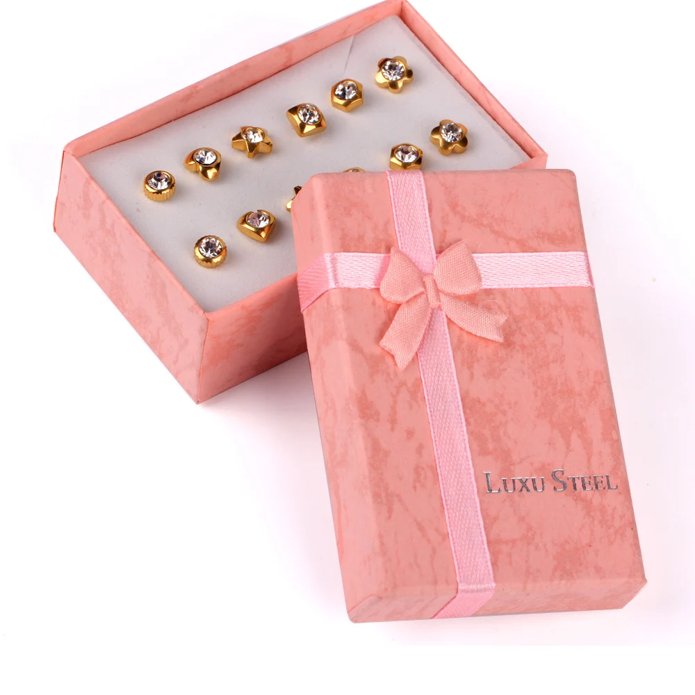 LUXUKISSKIDS 6Pairs/Box Zircon Stud Earring Set For Women Stainless Steel Christmas Jewelry CZ Golden Small Pendientes Brincos