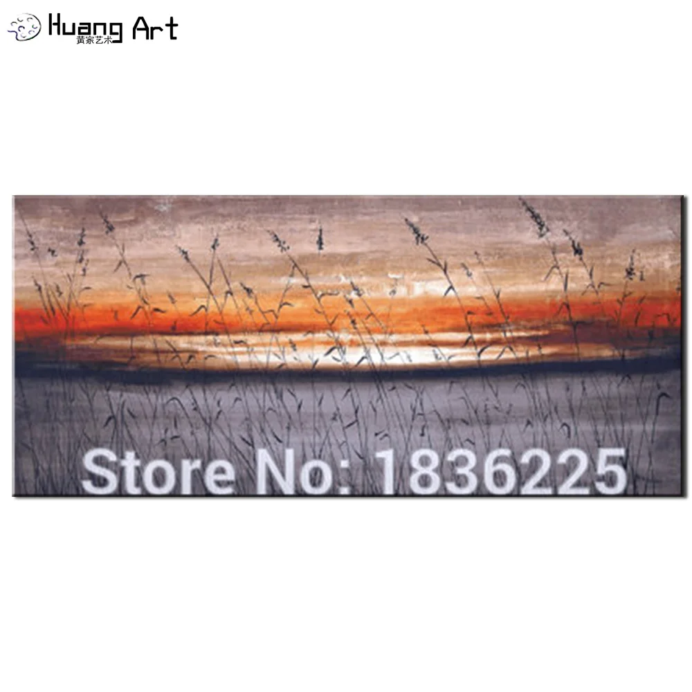 Pure Handmade Modern Reed Landscape Oil Painting on Canvas for Living Room Decoration Sunrise Lake Landscape Wall Painting