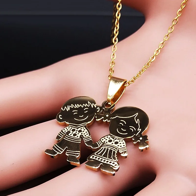 Boy Girl Child Kid Stainless Steel Necklaces Women Gold Color Mothers and Children Necklaces Jewelry Mother\'s Day Gift N519S01
