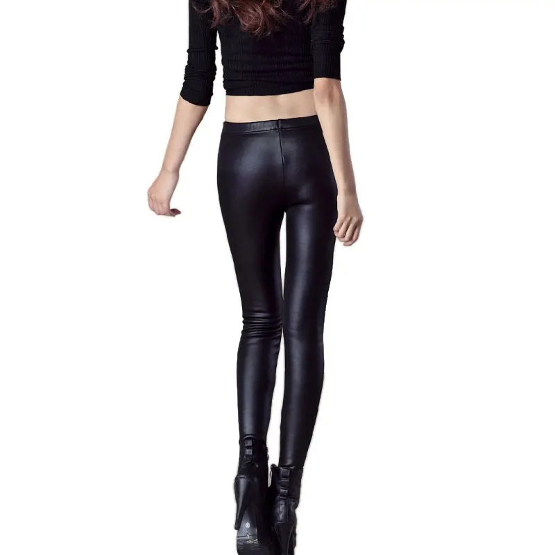 YSDNCHI Winter Leather Leggings Women Pants Elastic High Waist Warm Leggin Thick Velvet Pants Black Push Up