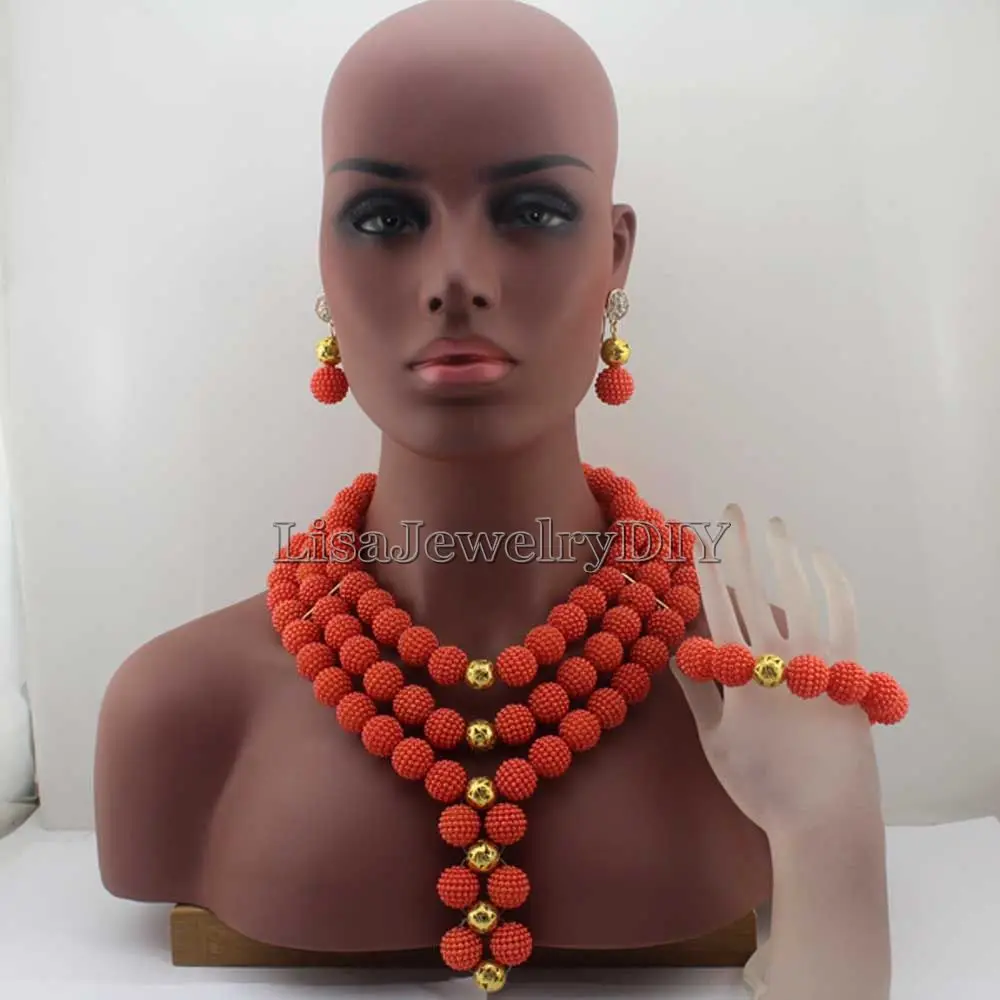 

Fashion New Orange Findings Plastic Pearl Necklace Nigerian Traditional Wedding African Beads Jewelry Set HD7986