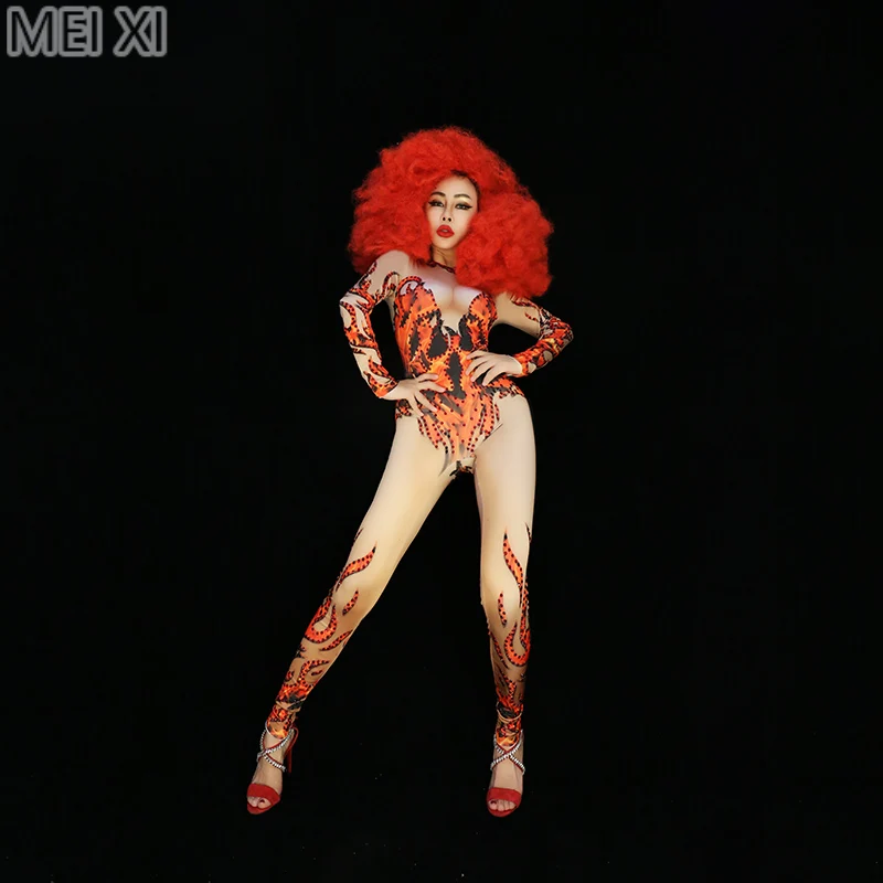 

Three-dimensional flame print rhinestone jumpsuit party nightclub bar concert DJ singer/dancer costume