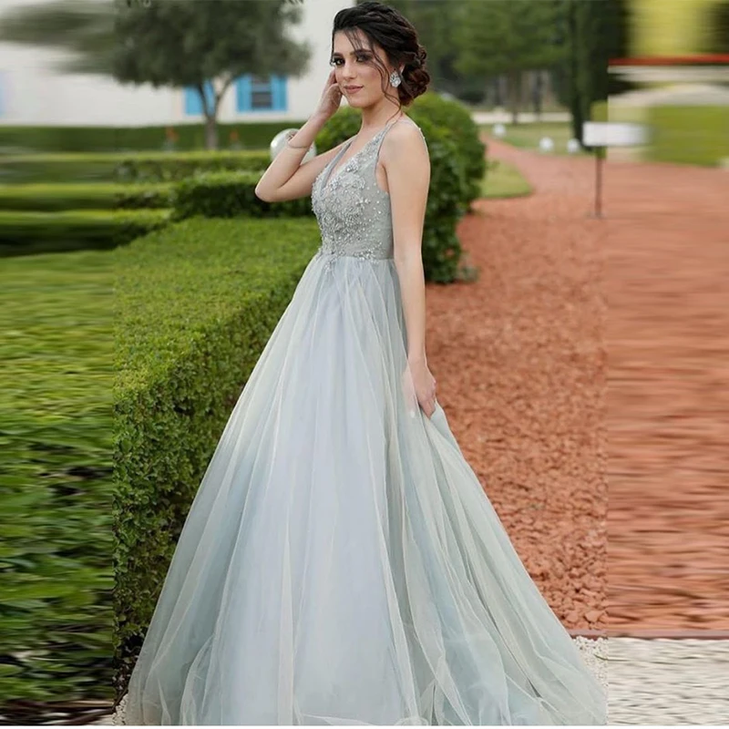 V-neck A-line Smoke Blue Prom Dresses Tiered Tulle Skirt Delicate Beading Long Formal Party Dresses Elegant Vestidos De Formal