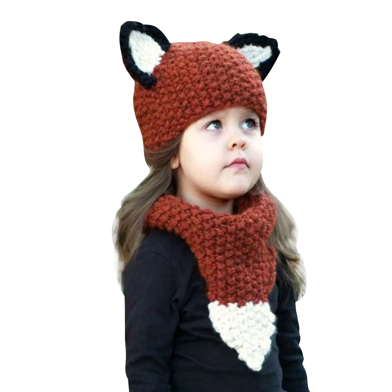 

Baby Caps Children's Winter Hat Hats For Girls Boys Kids Hat Scarf Set Knitted Cartoon Fox Hats for Children Photo Props