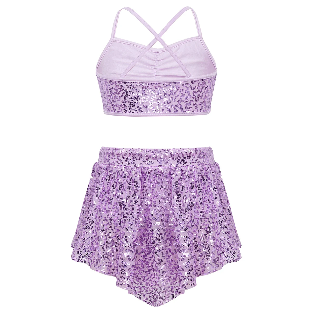 TiaoBug Kids Girls Sequins Spaghetti Straps Stage Lyrical Dance Costumes Children Skating Ballet Gymnastics Crop Top Skirt Set