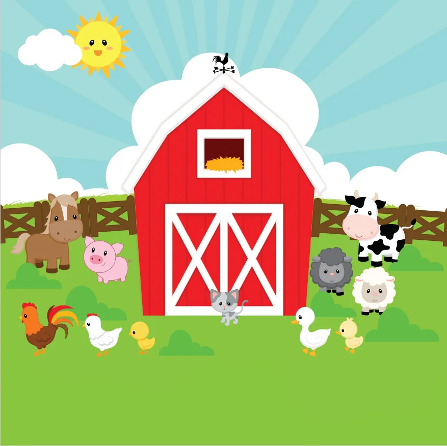 8x8FT Farm Cottage Red Barn Barnyard Hens Cow Fence Green Garden Custom Photo Studio Background Backdrop Vinyl 240cm x 240cm