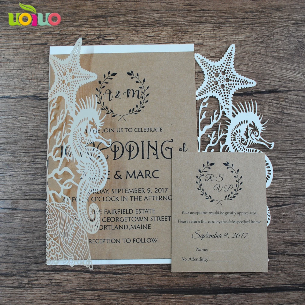 Popular Beach Theme Wedding Decoration Invitation Card Laser Cut Seahorse and Starfish Party Guest Invitation Cards 10sets