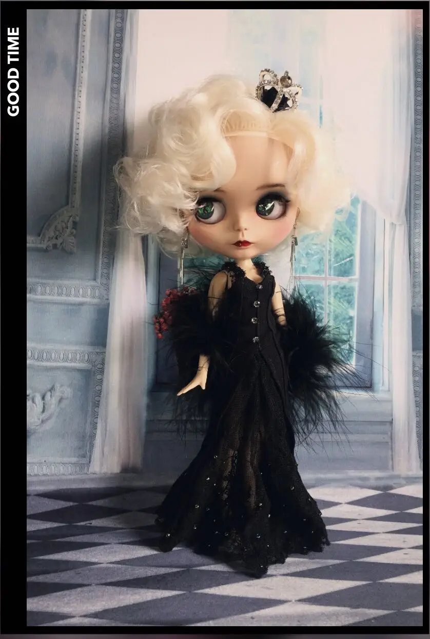 

3pcs/set sexy Black evening dress Crown headdress +Tight dress+shawl for blyth 1/6 dolls Accessories clothes for dolls