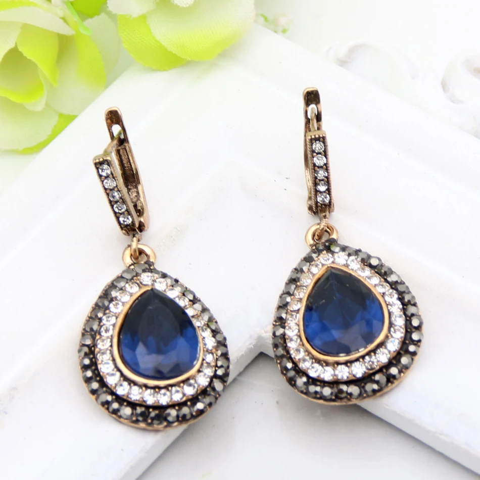 Vintage Big Artificial Gem Ladies Drop Earring Turkish Retro Gold Color Crystal Sculpture Craft Women Earrings Ethnic Jewelry