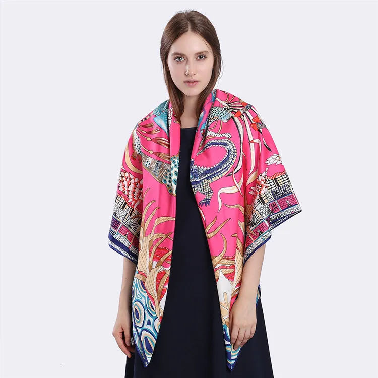 POBING Twill Silk Square Scarf Animals Print Women Scarves Wrap Giraffe Neckerchief Spanish Foulards cachecol Large Bandana