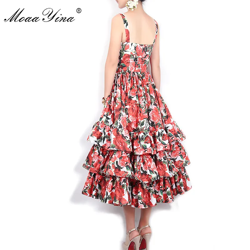 MoaaYina Fashion Designer Runway Ball Gown Dress Summer Women Spaghetti strap Backless Floral Print Cascading Ruffle Beach Dress