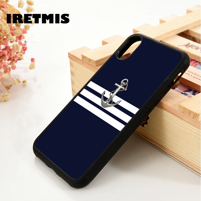 Iretmis 5 5S SE 6 6S Soft TPU Silicone  phone case cover for iPhone 7 8 plus X Xs 11 Pro Max XR Navy Stripes Anchor