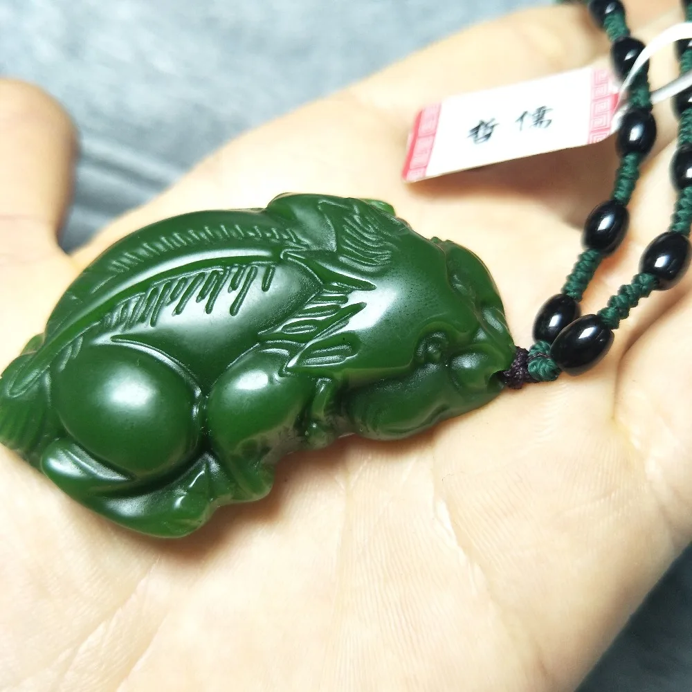 Zheru Jewelry Pure Natural Hetian Biyu Beast Pixou Pendant Obsidian Pendant Chain National Certificate