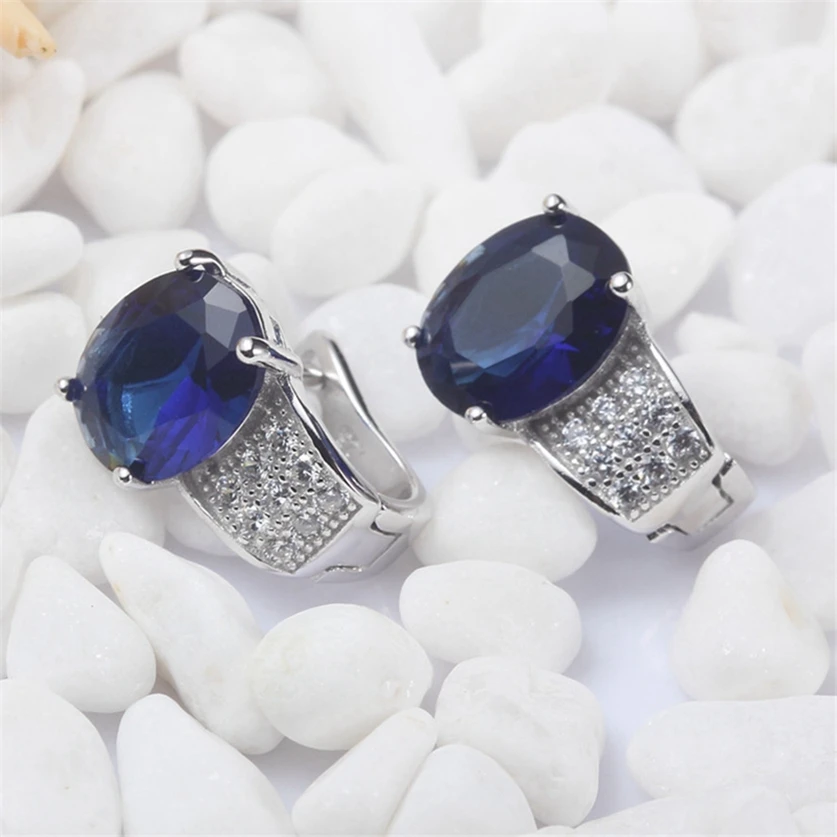 Eulonvan Luxury charms trendy Wedding 925 sterling silver earrings for Noble Generous women girl Dark Blue Cubic Zirconia S-3705