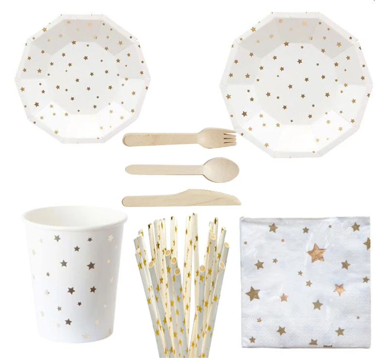 

Serves 8 gold star design wedding birthday disposable party tableware dinnerware party supplies set paper plates cups straws