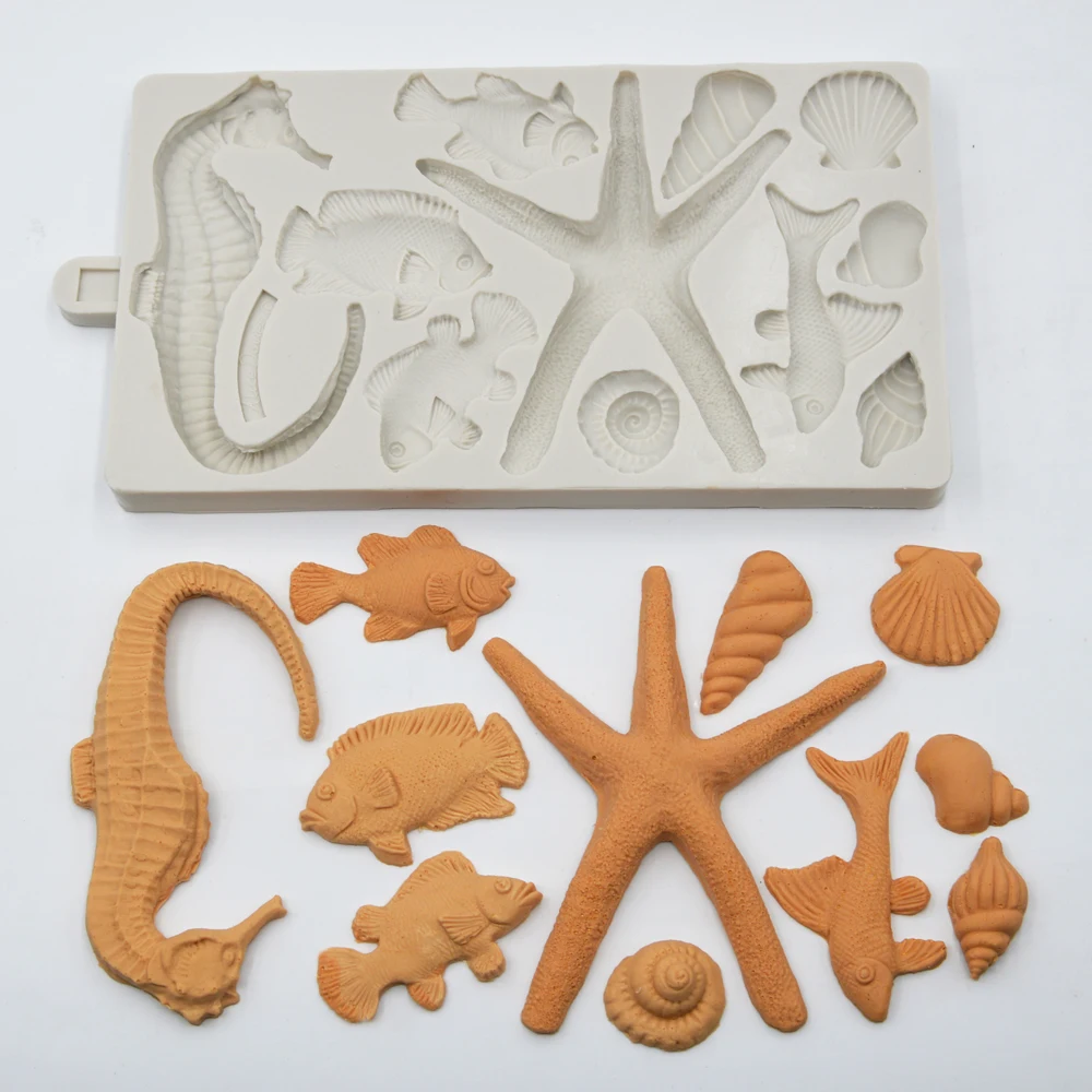 

Fondant Cake Mold Shells Starfish Conch Hippocampus Fish Fondant Cake Mold Chocolate Molds Marine Series Silicone Moulds PRZY