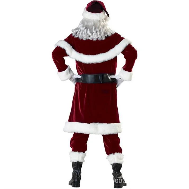 M-XXXL  2019 New Deluxe Velvet Christmas Santa Claus Suit Adult Mens Costume gloves + shawl+hat+clothes+belt+Foot cover+gloves