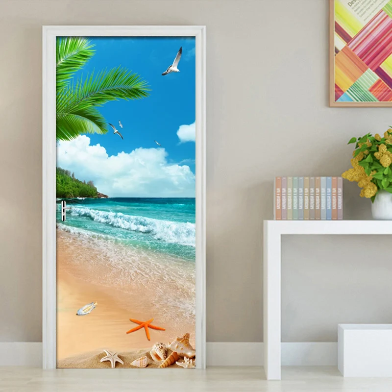 

Refreshing Beach Coconut Tree Living Room Study Bedroom Door Decor Sticker Wall Paper Mural PVC Self-adhesive 3D Decals