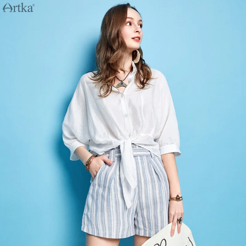 ARTKA-Camisa blanca para mujer, blusa informal de nailon con cuello vuelto, diseño especial, 2019