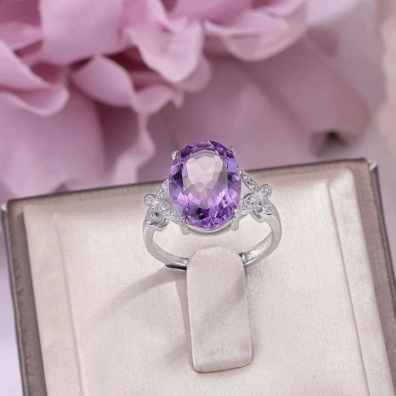 

Fine Jewelry Sterling Silver Rings For Women 14*10mm Natural Amethyst Oval Purple Gemstone Adjustable Ring Bijouterie R-AM002