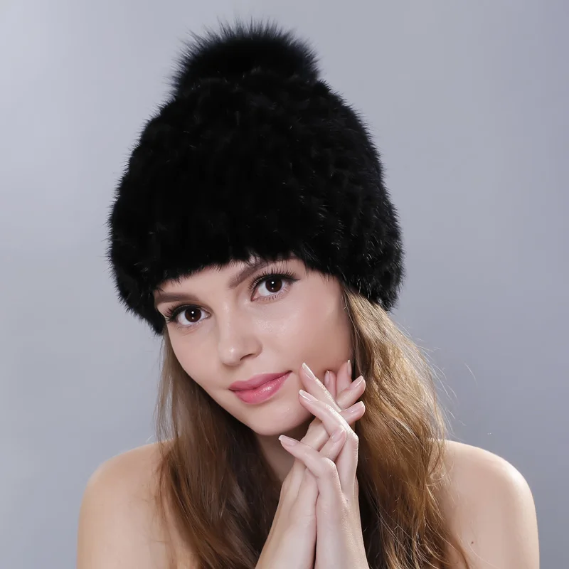 MPPM Russian Real mink fur hat for women winter knitted mink fur beanie cap fox fur pom pom hat new thick female cap