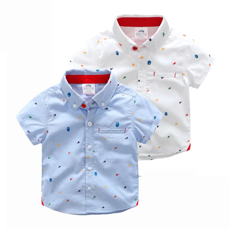 2024 England Style 2 3 4 5 6 8 10 Years Baby Summer Clothes Cotton Clothing Pocket Cartoon Print Short Sleeve Shirt For Kids Boy