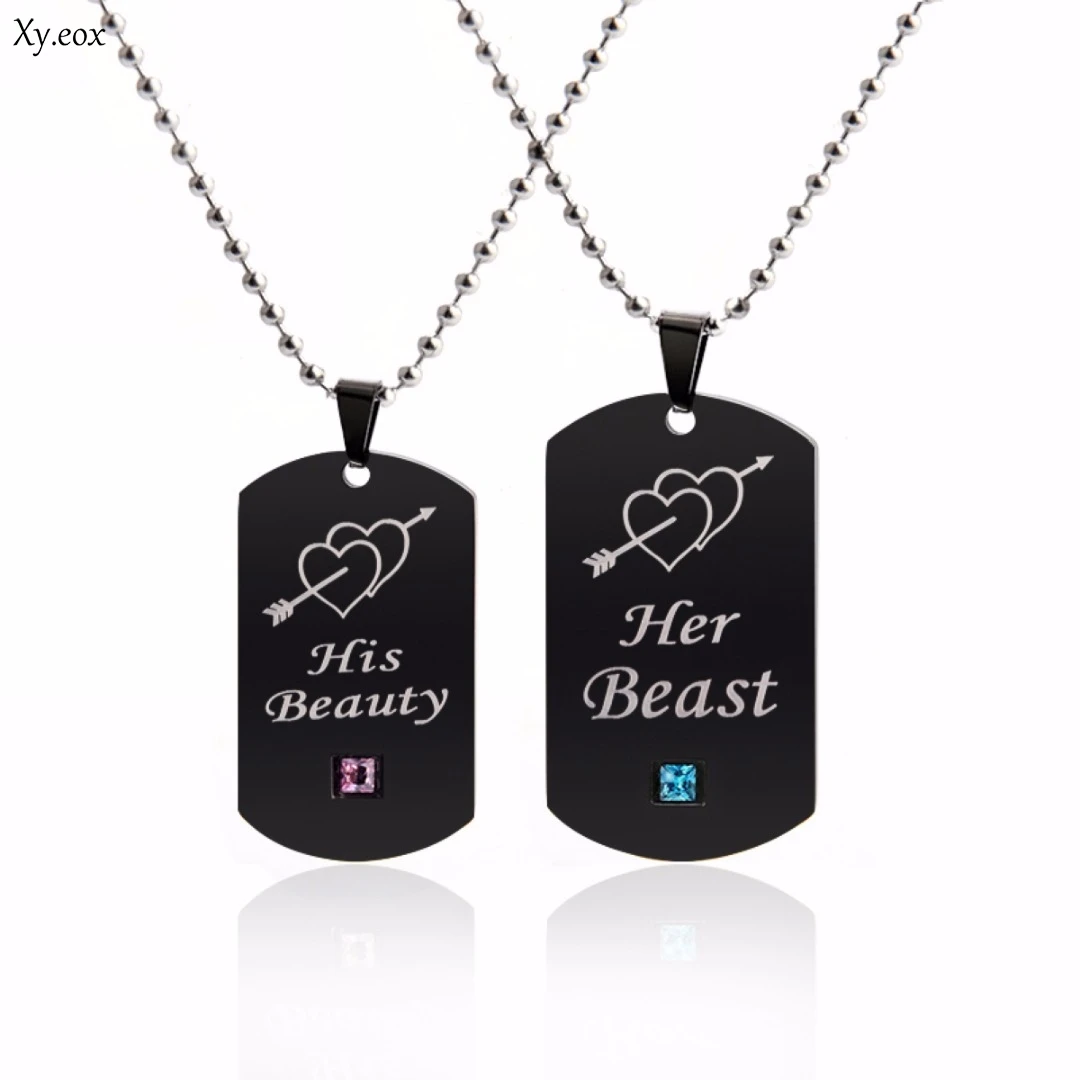 Stainless Steel His and Her His Beauty Her Beast Lover Couple Dog Tag Necklace