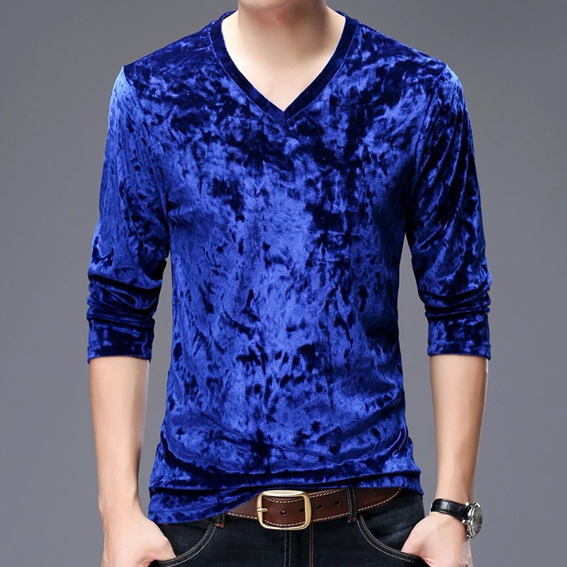 Velvet Luxury V-Neck T Shirt For Men Long Sleeved Fashion Casual Spring Quality Smooth Comfortable Easy Care Camisetas De Hombre