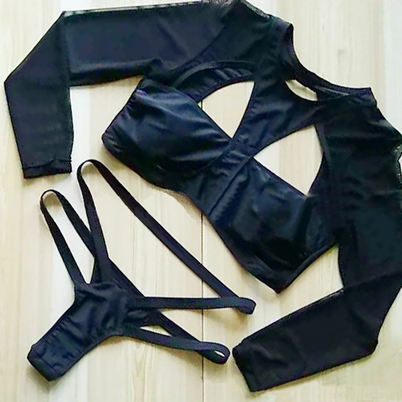 Sexy Black Long Sleeve High Cut Out Bikini Set Bandage Swimwear Women Hollow Out Swimsuit Bodycon Strappy Mesh Bathing Suits