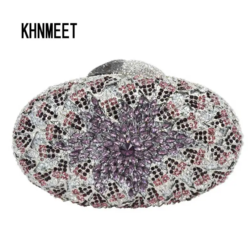 

KHNMEET Oval Gold evening bags Luxury diamond banquet clutch bags gold flower party clutch bags chain wedding pochette SC079