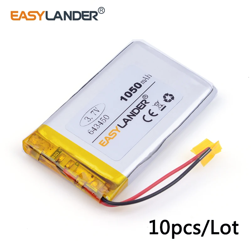 

10pcs /Lot 643450 3.7V 1050mah lithium Li ion polymer rechargeable battery For GPS Bluetooth Digital Products toys PDA Tools