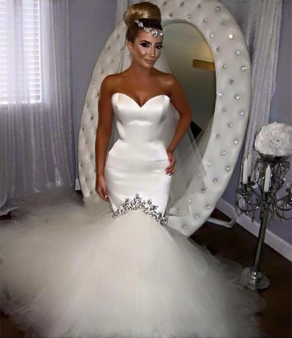 2021 Sexy syrenka suknia ślubna Sweetheart Tulle Satin Vestido De Noiva szata De Mariage suknie ślubne syrenka suknie ślubne