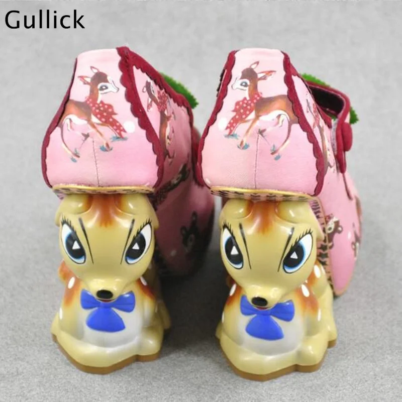 Gullick 2018 Newest Fashion Mary Janes Women Cute Print Deer Heel Pumps Woman Cherry Decoration Classics Party Dress Shoes