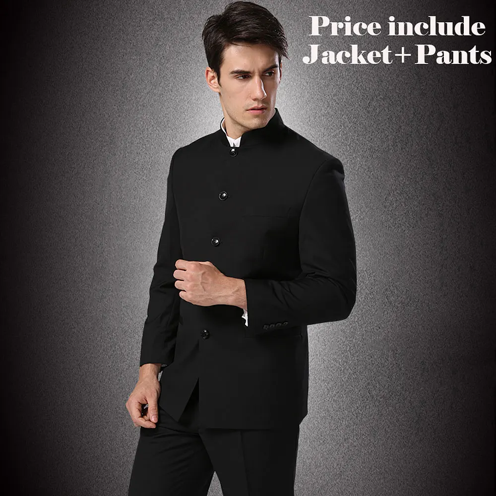 Jacket + Pants Men Formal Business Suits Pants Chinese Tunic Suits Black New Arrival Traditional Mandarin Plus Size XXXXL F048