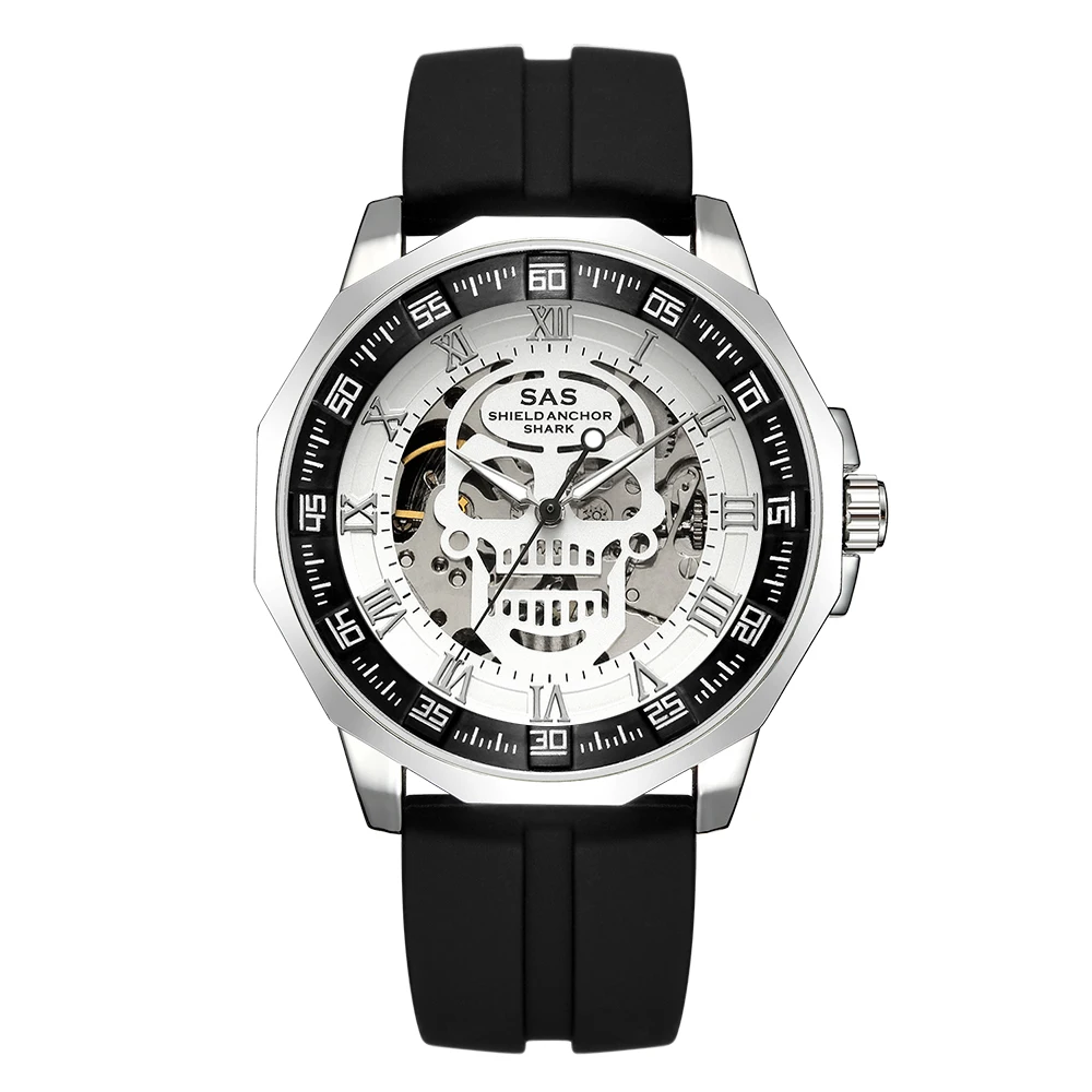 Shark Sports Watch Men Fashion 3D Skull Design SAS Shield Anchor Vintage Mechanical Watches Silicone Strap Skeleton Wirstwatch