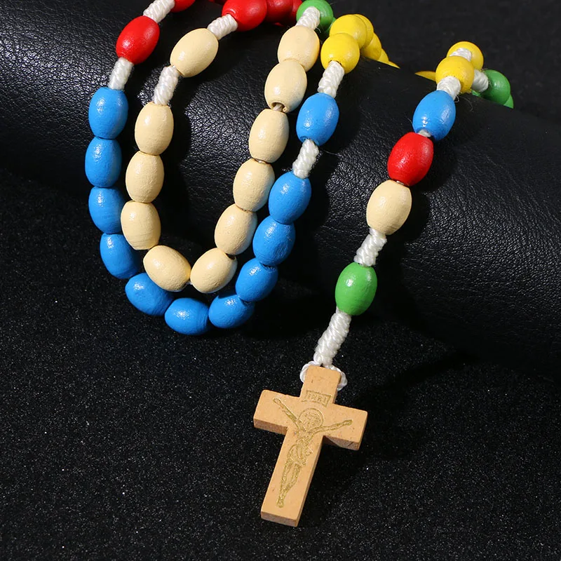 KOMi Handmade Jesus Wooden Weave Colored Rosary Cross Pendant Necklace Beads Orthodox Catholic Religious Praying Jewelry R-190