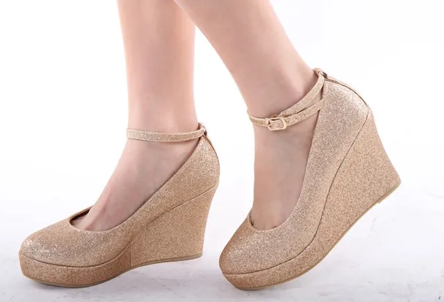 High Heeled Wedding Shoes Women Wedges Shoes Fashionable Gold Red Platform Wedding Shoes Bride